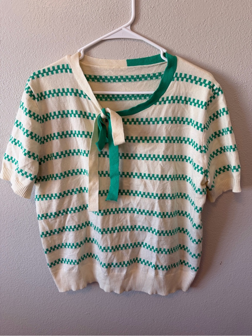 Women’s Green & Cream Checkered Stripe Knit Top Bow Detail Parisian Coquette